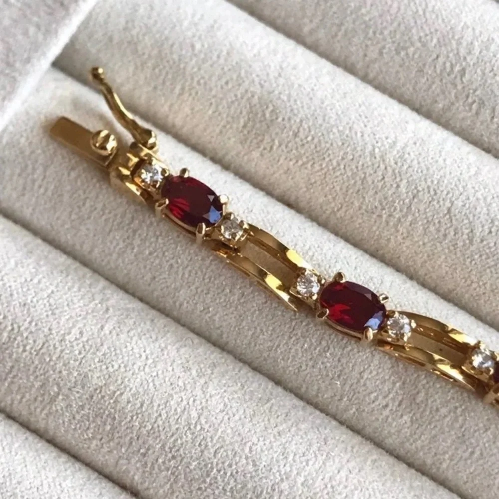Gold over sterling 925 genuine diamond and garnet tennis bracelet. Like new. - Picture 5 of 13